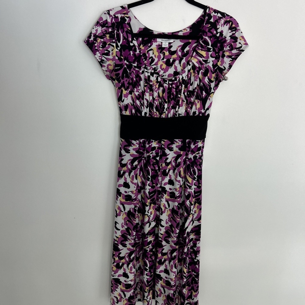 Dress Barn Sz 6 Short Sleeve Purple Black Floral Black Tie Back Flare Fun Dress - Picture 9 of 9
